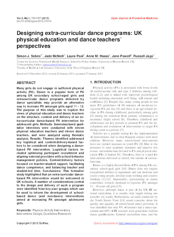 Designing extra-curricular dance programs: UK physical education and dance teachers’ perspectives Thumbnail
