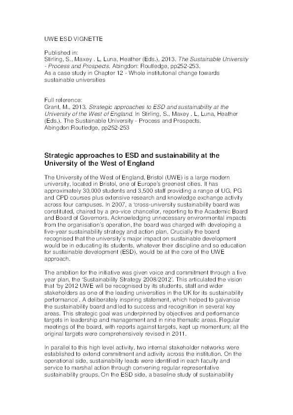 Strategic approaches to ESD and sustainability at the University of the West of England Thumbnail