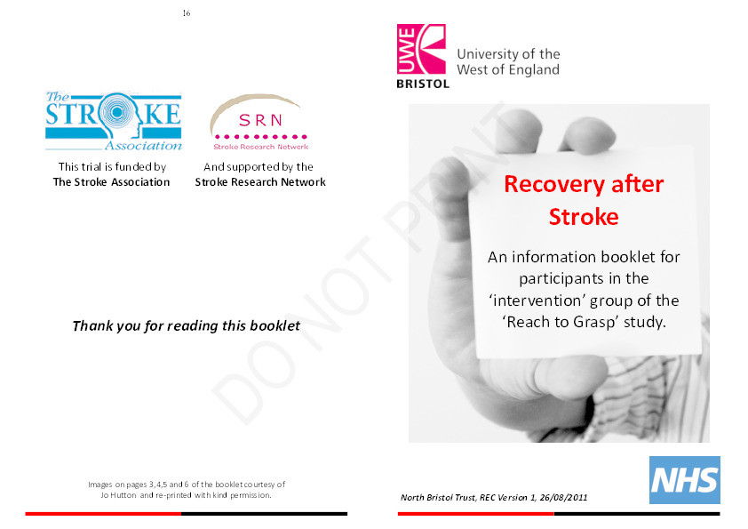 Pilot study for a randomised controlled trial of home based reach to grasp training for people after stroke: 'Recovery after Stroke' participant information booklets Thumbnail