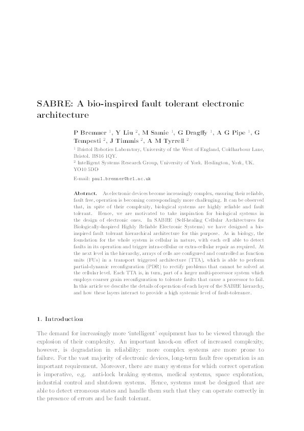 SABRE: A bio-inspired fault-tolerant electronic architecture Thumbnail