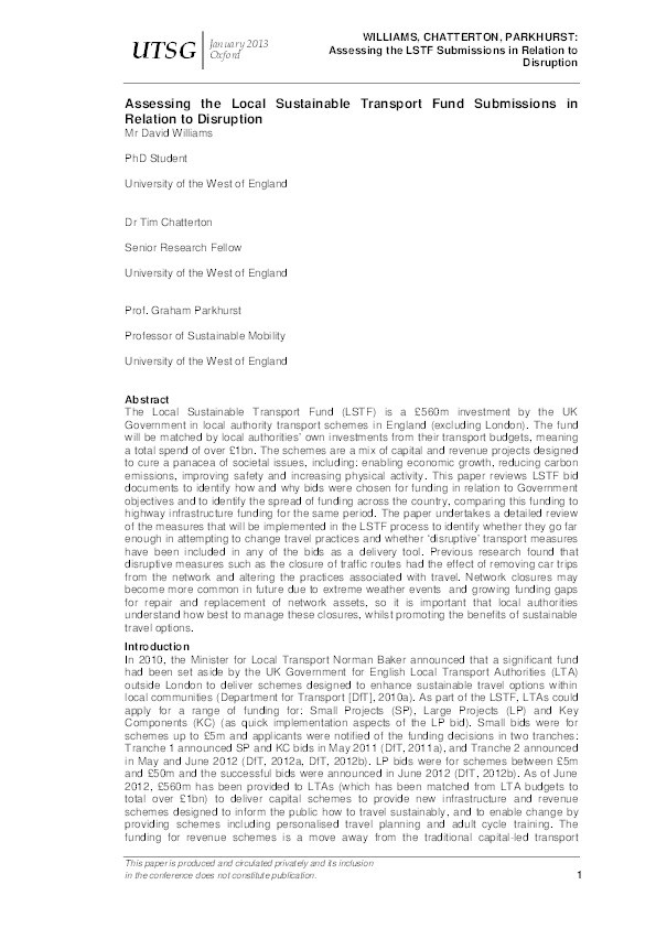 Assessing the local sustainable transport fund submissions in relation to disruption Thumbnail