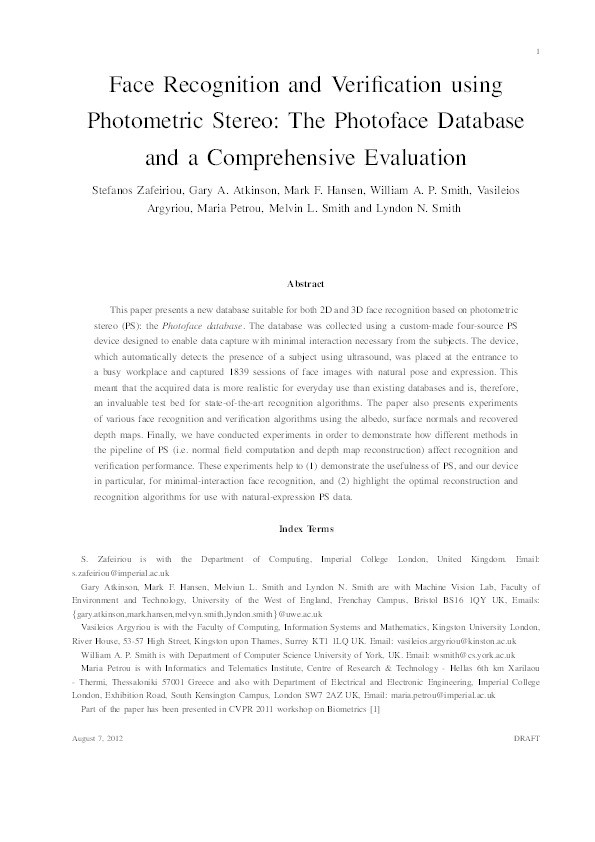 Face recognition and verification using photometric stereo: The photoface database and a comprehensive evaluation Thumbnail