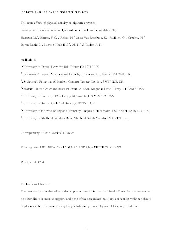 The acute effects of physical activity on cigarette cravings: Systematic review and meta-analysis with individual participant data Thumbnail