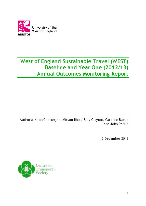 West of England Sustainable Travel (WEST)
baseline and year one (2012/13)
annual outcomes monitoring report Thumbnail