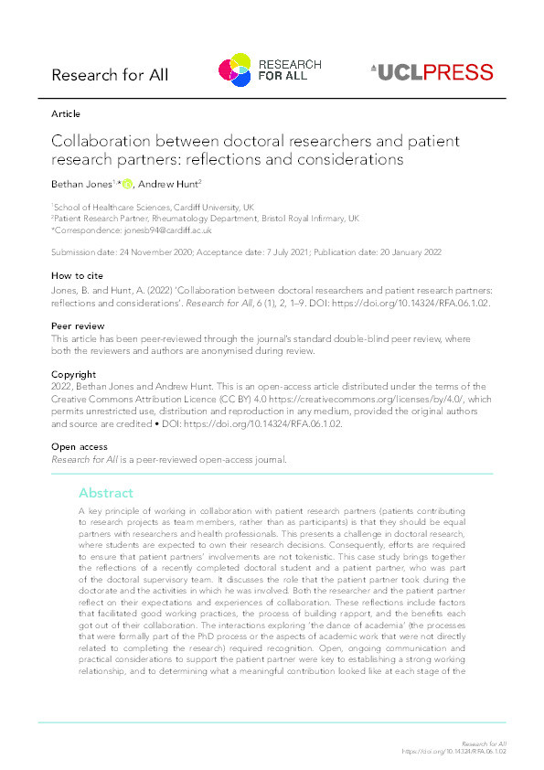 Collaboration between doctoral researchers and patient research partners: Reflections and considerations Thumbnail