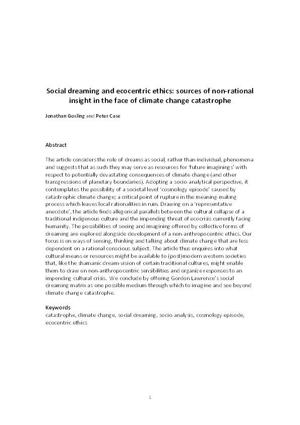 Social dreaming and ecocentric ethics: Sources of non-rational insight in the face of climate change catastrophe Thumbnail