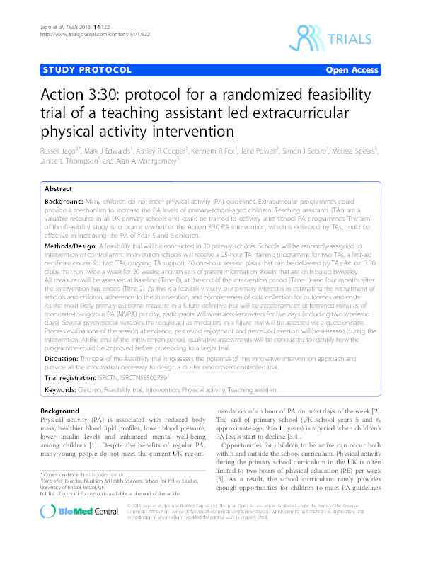 Action 3:30: Protocol for a randomized feasibility trial of a teaching assistant led extracurricular physical activity intervention Thumbnail