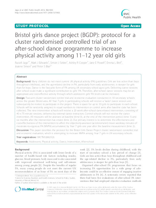 Bristol girls dance project (BGDP): protocol for a cluster randomised controlled trial of an after-school dance programme to increase physical activity among 11-12 year old girls Thumbnail
