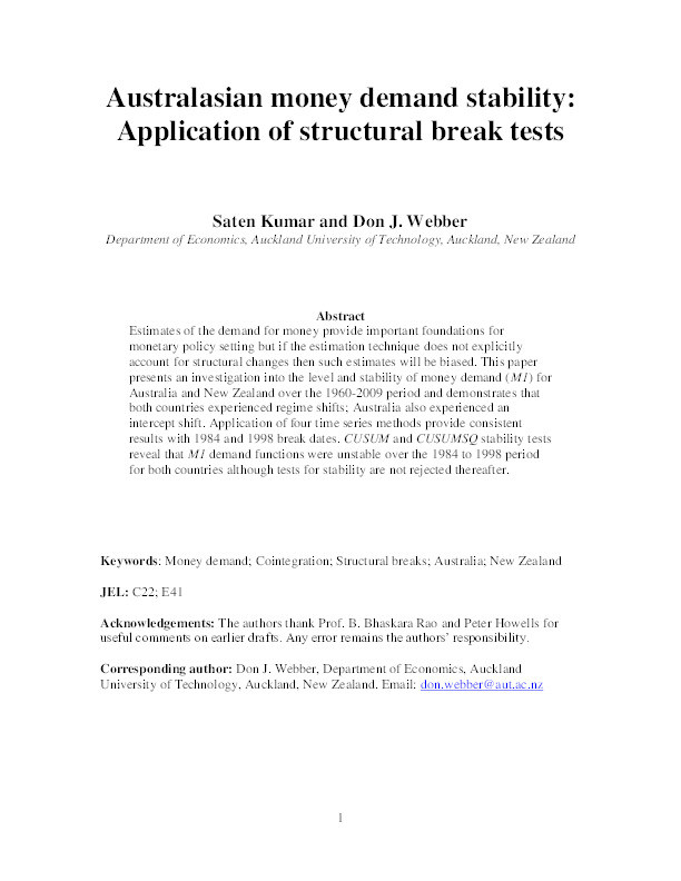 Australasian money demand stability: Application of structural break tests Thumbnail
