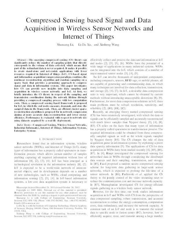 Compressed sensing signal and data acquisition in wireless sensor networks and internet of things Thumbnail