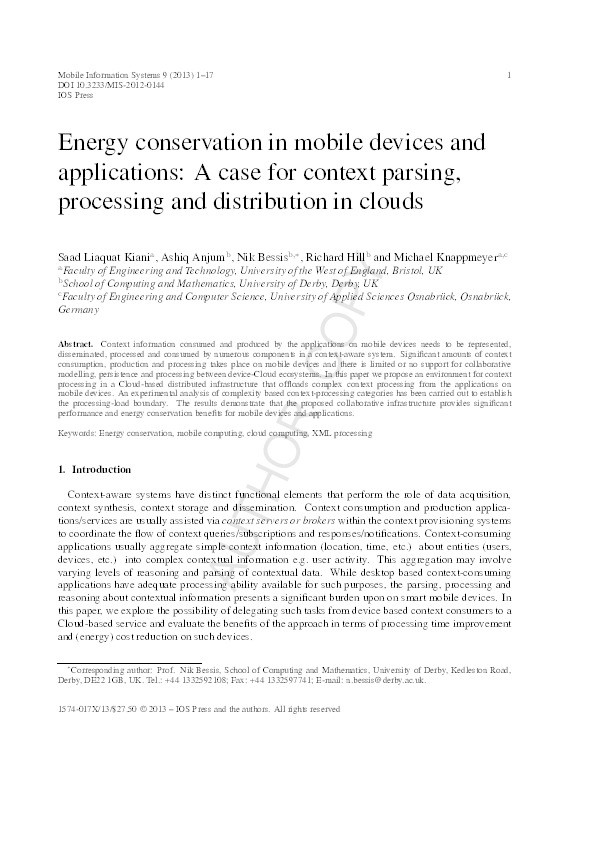 Energy conservation in mobile devices and applications: A case for context parsing, processing and distribution in clouds Thumbnail