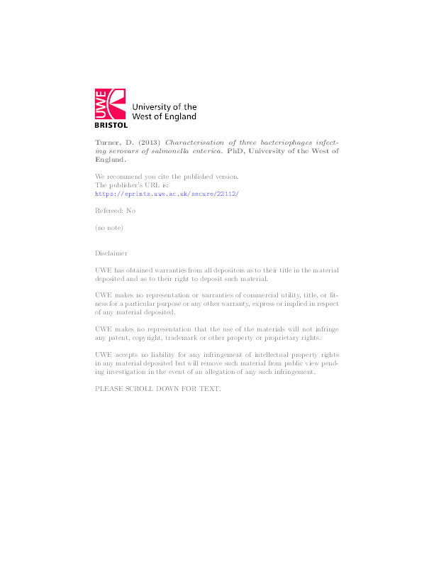 Characterisation of three bacteriophages infecting serovars of salmonella enterica Thumbnail
