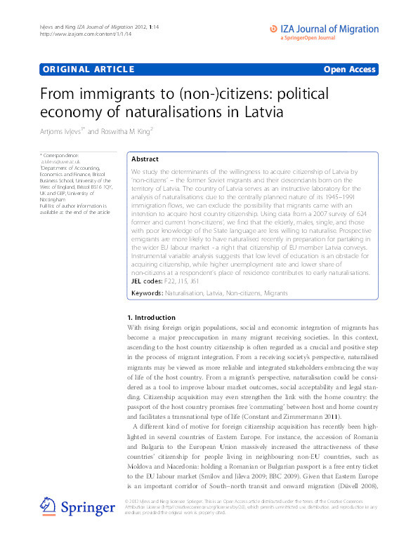 From immigrants to (non-)citizens: political economy of naturalisations in Latvia Thumbnail