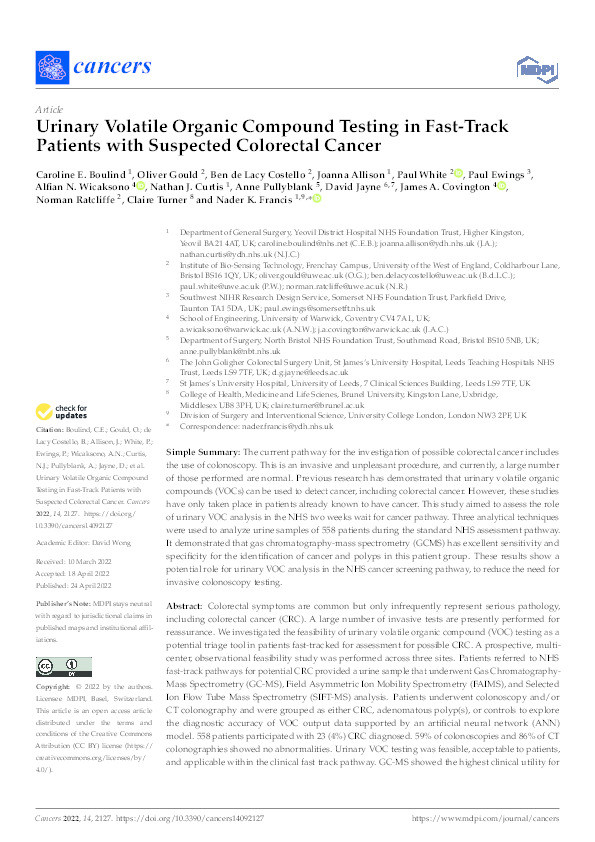 Urinary Volatile Organic Compound Testing in Fast-Track Patients with Suspected Colorectal Cancer Thumbnail