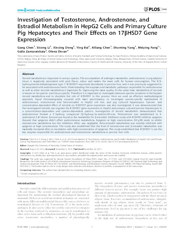 Investigation of testosterone, androstenone, and estradiol metabolism in HepG2 cells and primary culture pig hepatocytes and their effects on 17βHSD7 gene expression Thumbnail