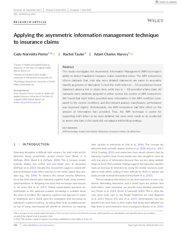 Applying the asymmetric information management technique to insurance claims Thumbnail