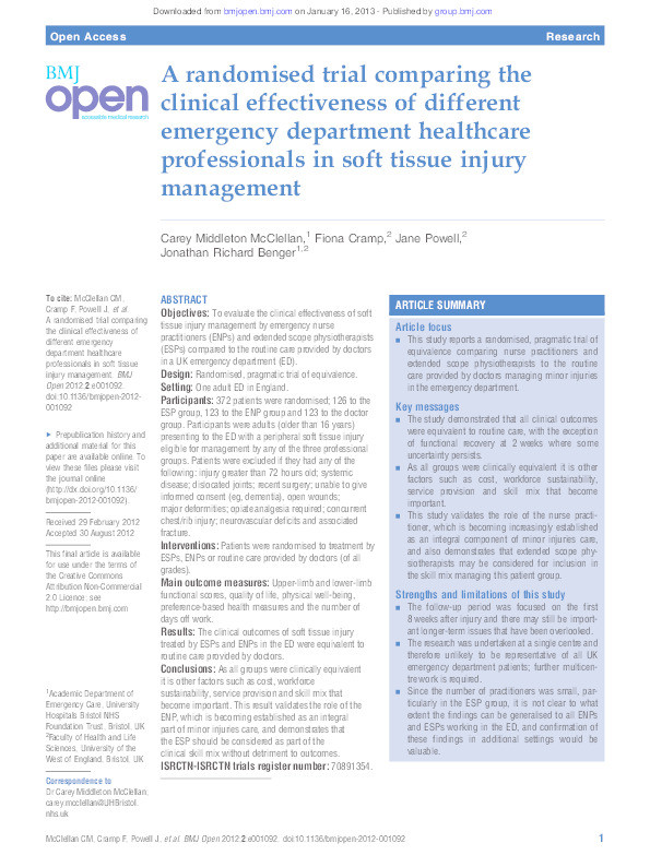 A randomised trial comparing the clinical effectiveness of different emergency department healthcare professionals in soft tissue injury management Thumbnail