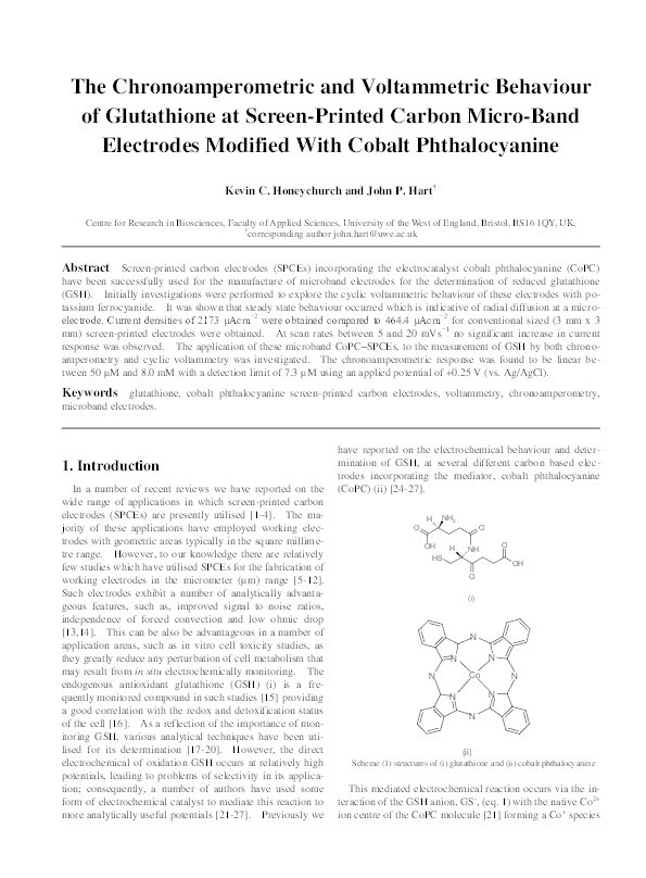 The chronoamperometric and voltammetric behaviour of glutathione at screen-printed carbon micro-band electrodes modified with cobalt phthalocyanine Thumbnail