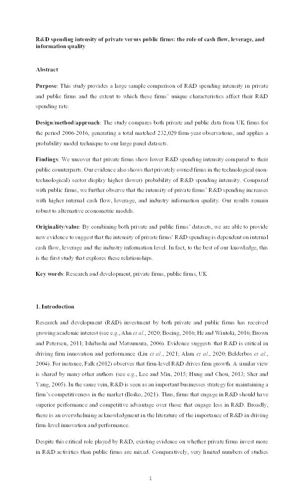 R and D spending intensity of private vs public firms: The role of cash flow, leverage and information quality Thumbnail