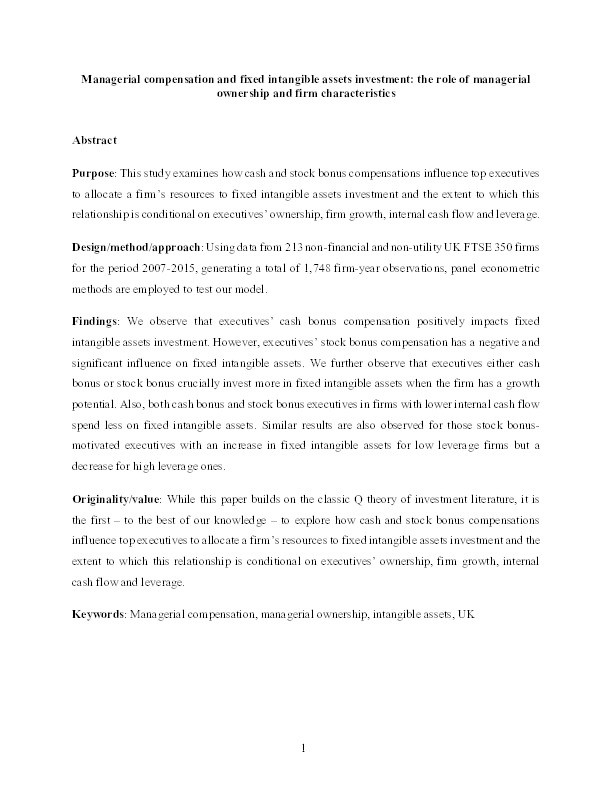 Managerial compensation and fixed intangible assets investment: The role of managerial ownership and firm characteristics Thumbnail