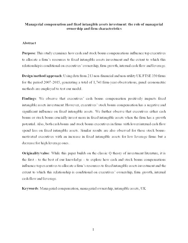 Managerial compensation and fixed intangible assets investment: The role of managerial ownership and firm characteristics Thumbnail