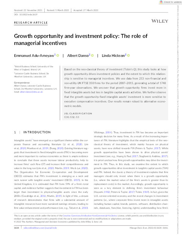 Growth opportunity and investment policy: The role of managerial incentives Thumbnail