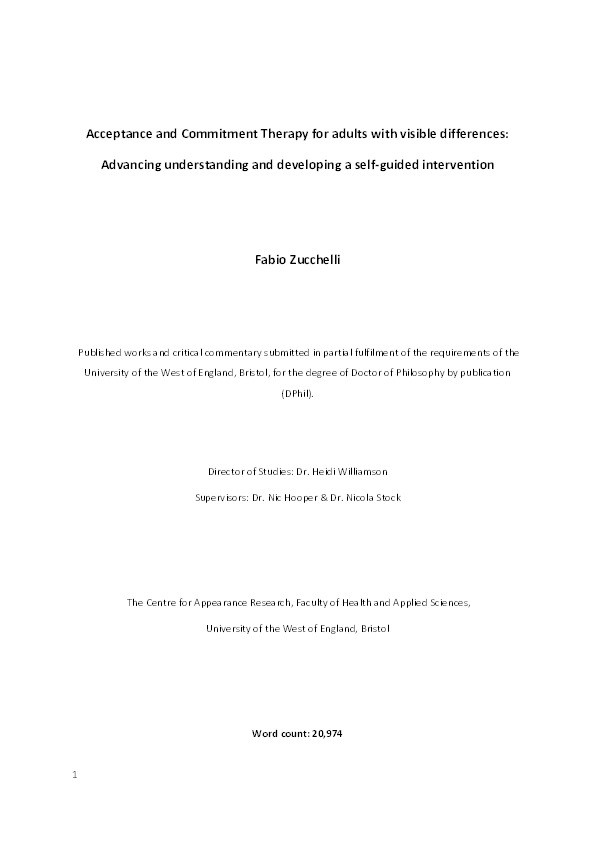 Acceptance and Commitment Therapy for adults with visible differences:  Advancing understanding and developing a self-guided intervention Thumbnail