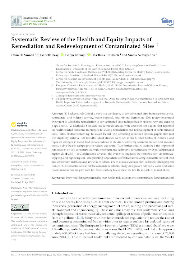 Systematic review of the health and equity impacts of remediation and redevelopment of contaminated sites Thumbnail
