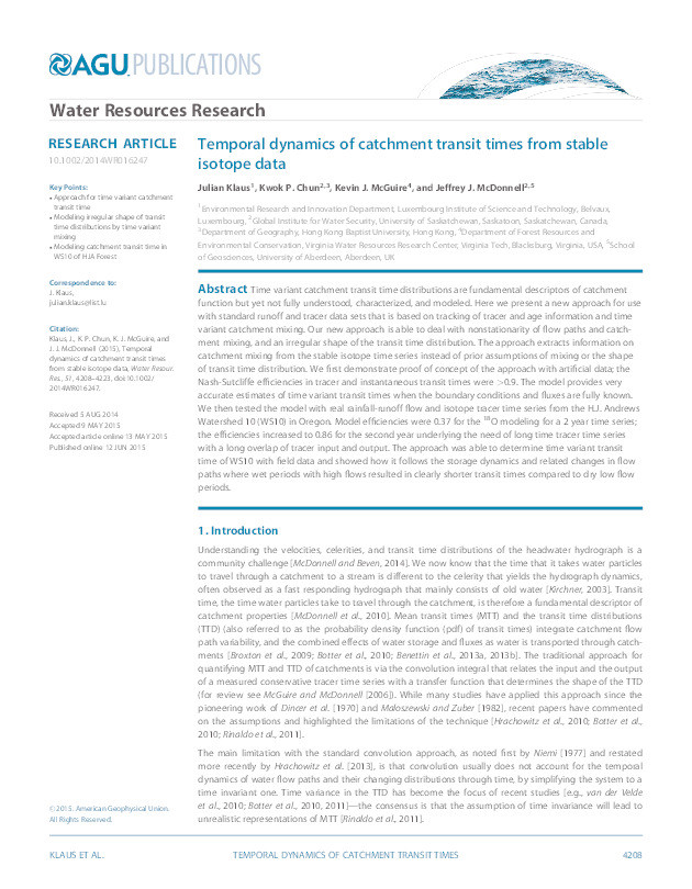 Temporal dynamics of catchment transit times from stable isotope data Thumbnail