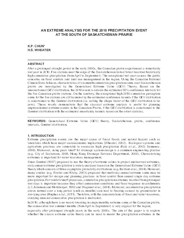 An extreme analysis for the 2010 precipitation event at the south of Saskatchewan prairie Thumbnail