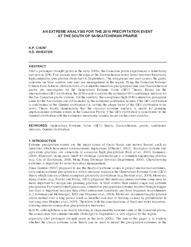 An extreme analysis for the 2010 precipitation event at the south of Saskatchewan prairie Thumbnail