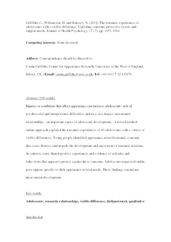 The romantic experiences of adolescents with a visible difference: Exploring concerns, protective factors and support needs Thumbnail