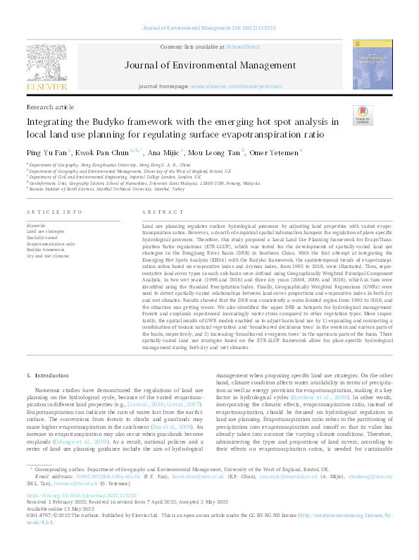 Integrating the Budyko framework with the emerging hot spot analysis in local land use planning for regulating surface evapotranspiration ratio Thumbnail