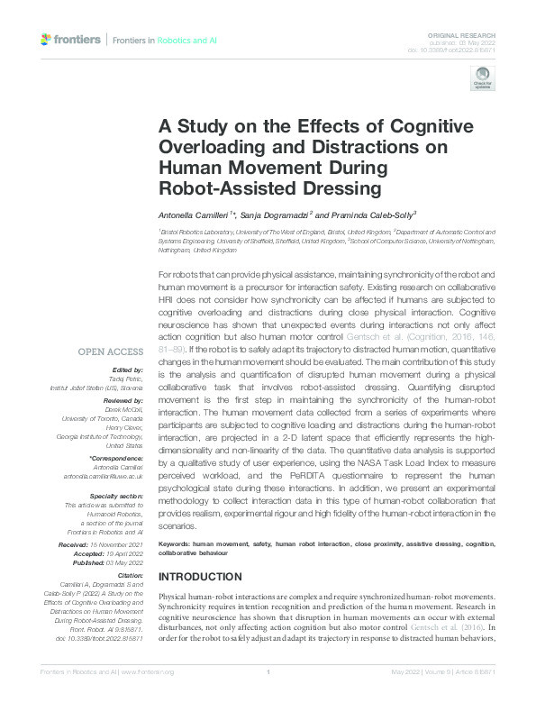 A study on the effects of cognitive overloading and distractions on human movement during robot-assisted dressing Thumbnail