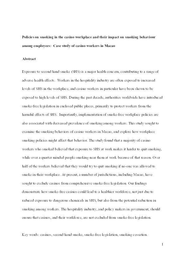 Policies on smoking in the casino workplace and their impact on smoking behavior among employees: Case study of casino workers in Macao Thumbnail