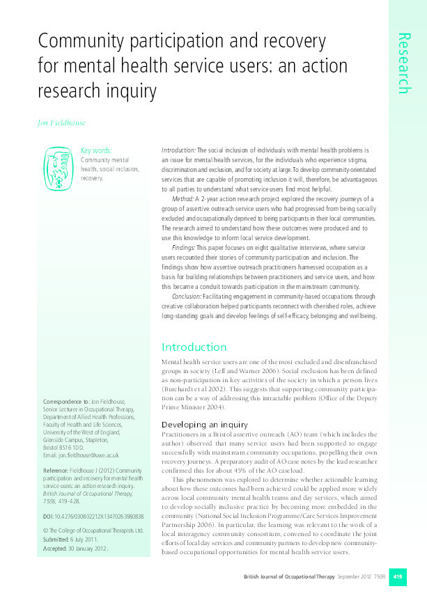 Community participation and recovery for mental health service users: An action research inquiry Thumbnail