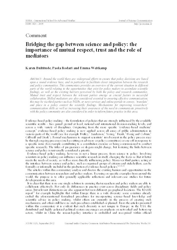 Comment: Bridging the gap between science and policy: the importance of mutual respect, trust and the role of mediators Thumbnail