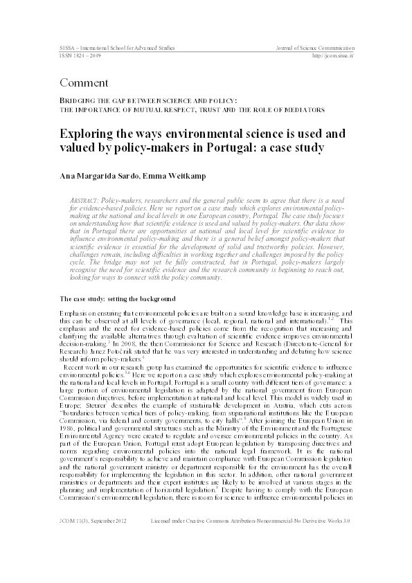 Exploring the ways environmental science is used and valued by policy-makers in Portugal: A case study Thumbnail
