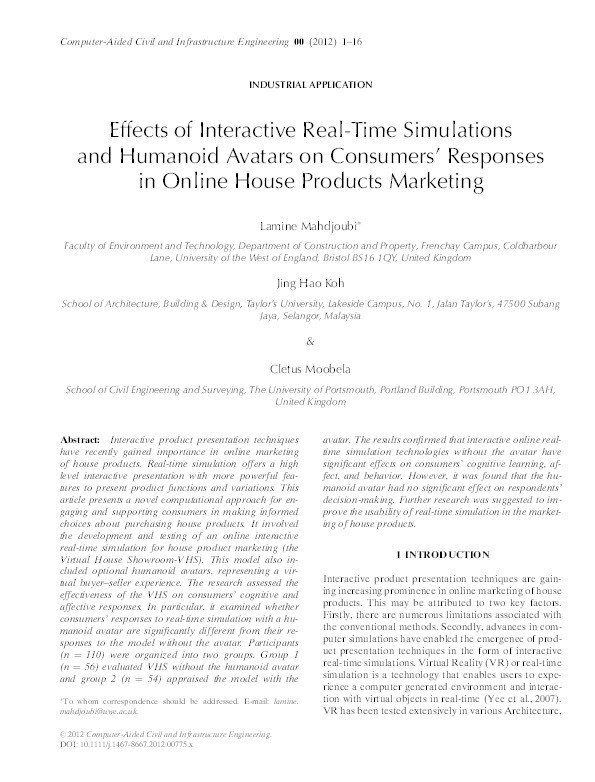 Effects of interactive real-time simulations and humanoid avatars on consumers' responses in online house products marketing Thumbnail