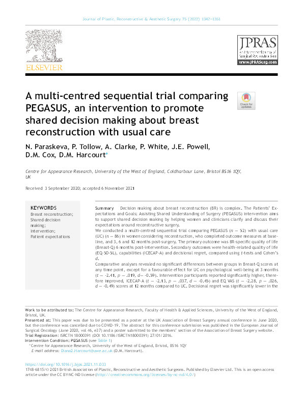 A multi-centred sequential trial comparing PEGASUS, an intervention to promote shared decision making about breast reconstruction with usual care Thumbnail
