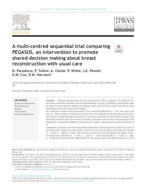 A multi-centred sequential trial comparing PEGASUS, an intervention to promote shared decision making about breast reconstruction with usual care Thumbnail