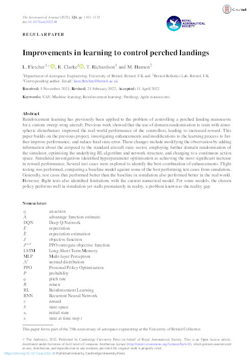 Improvements in learning to control perched landings Thumbnail