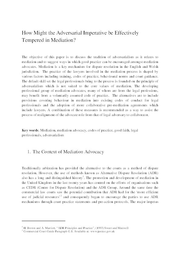 How might the adversarial imperative be effectively tempered in mediation? Thumbnail