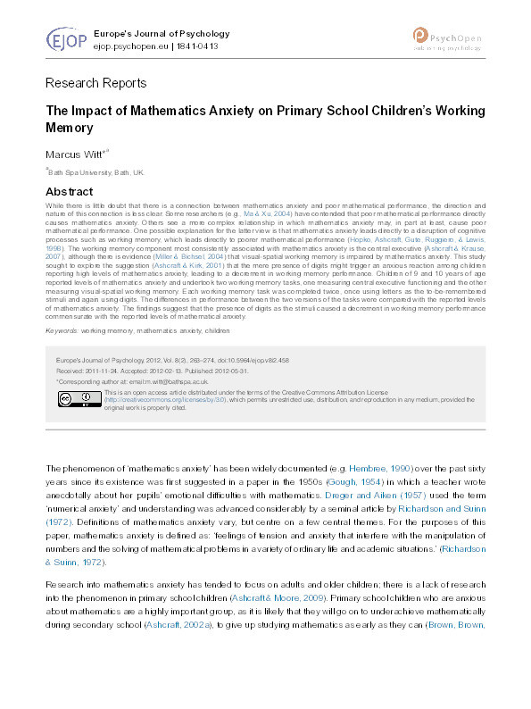 The impact of mathematics anxiety on primary school children's working memory Thumbnail