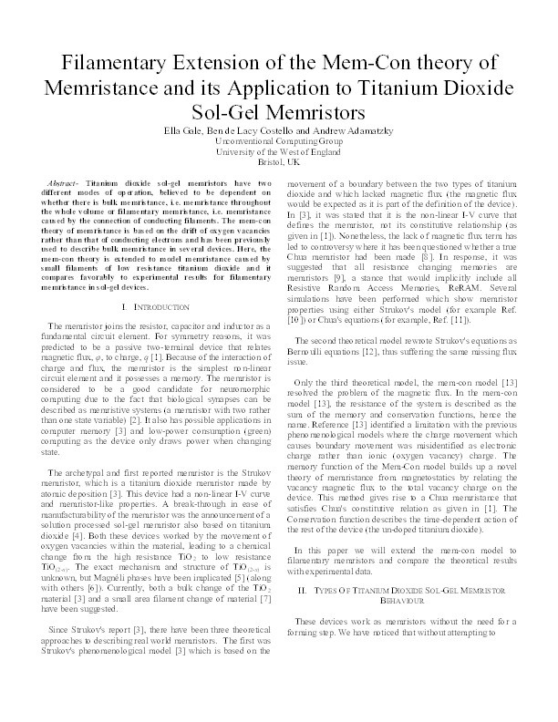 Filamentary extension of the mem-con theory of memristance and its application to titanium dioxide sol-gel memristors Thumbnail