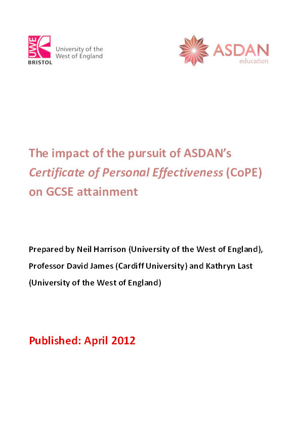 The impact of the pursuit of ASDAN’s Certificate of Personal Effectiveness (CoPE) on GCSE attainment Thumbnail