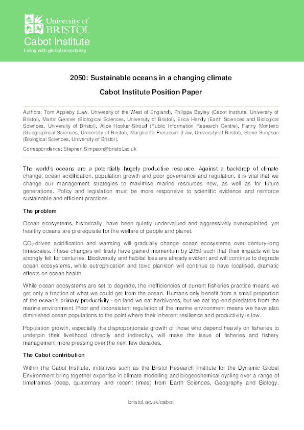 2050: Sustainable oceans in a changing climate 
Cabot Institute Position Paper Thumbnail