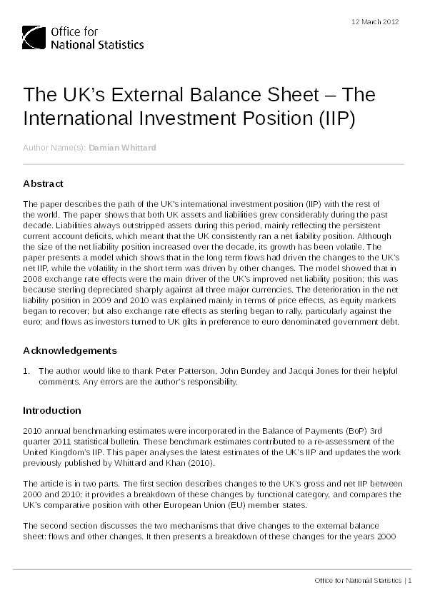 The UK’s external balance sheet – The international investment position Thumbnail