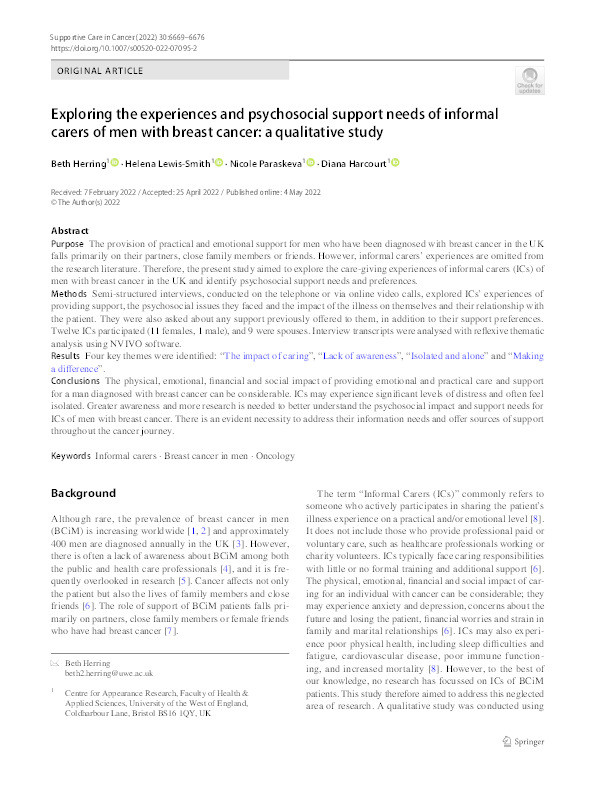 Exploring the experiences and psychosocial support needs of informal carers of men with breast cancer: A qualitative study Thumbnail