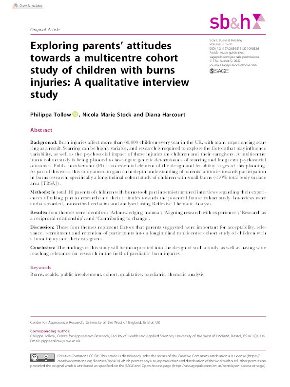Exploring parents’ attitudes towards a multicentre cohort study of children with burns injuries: A qualitative interview study Thumbnail